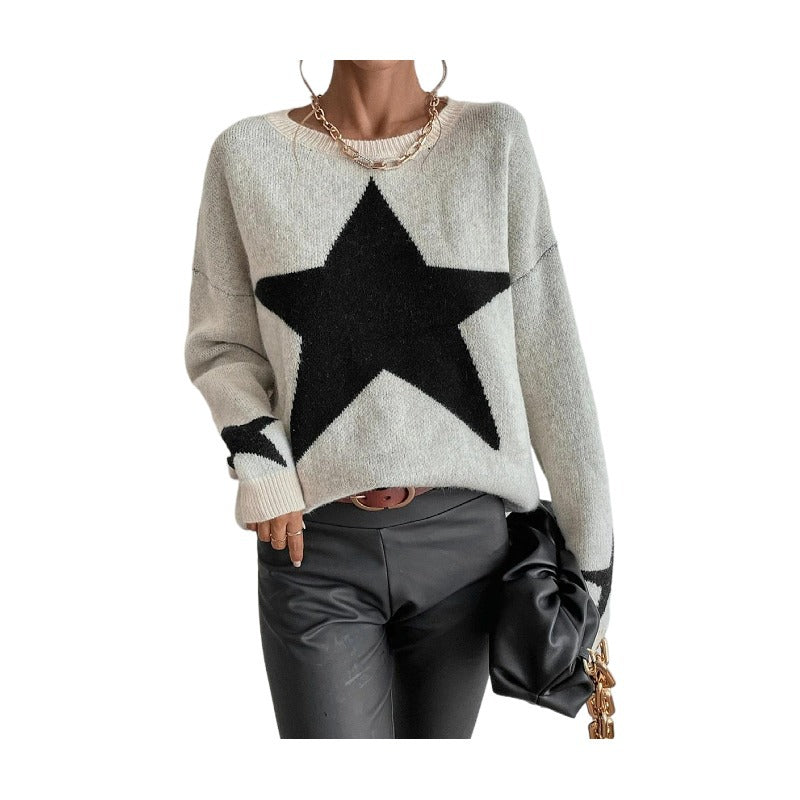 Casual Long Sleeve Crewneck Star Print Pullover Knit Sweater Top