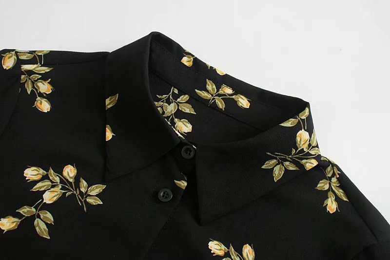 Black Collar Floral Buttons Down Mini Dress