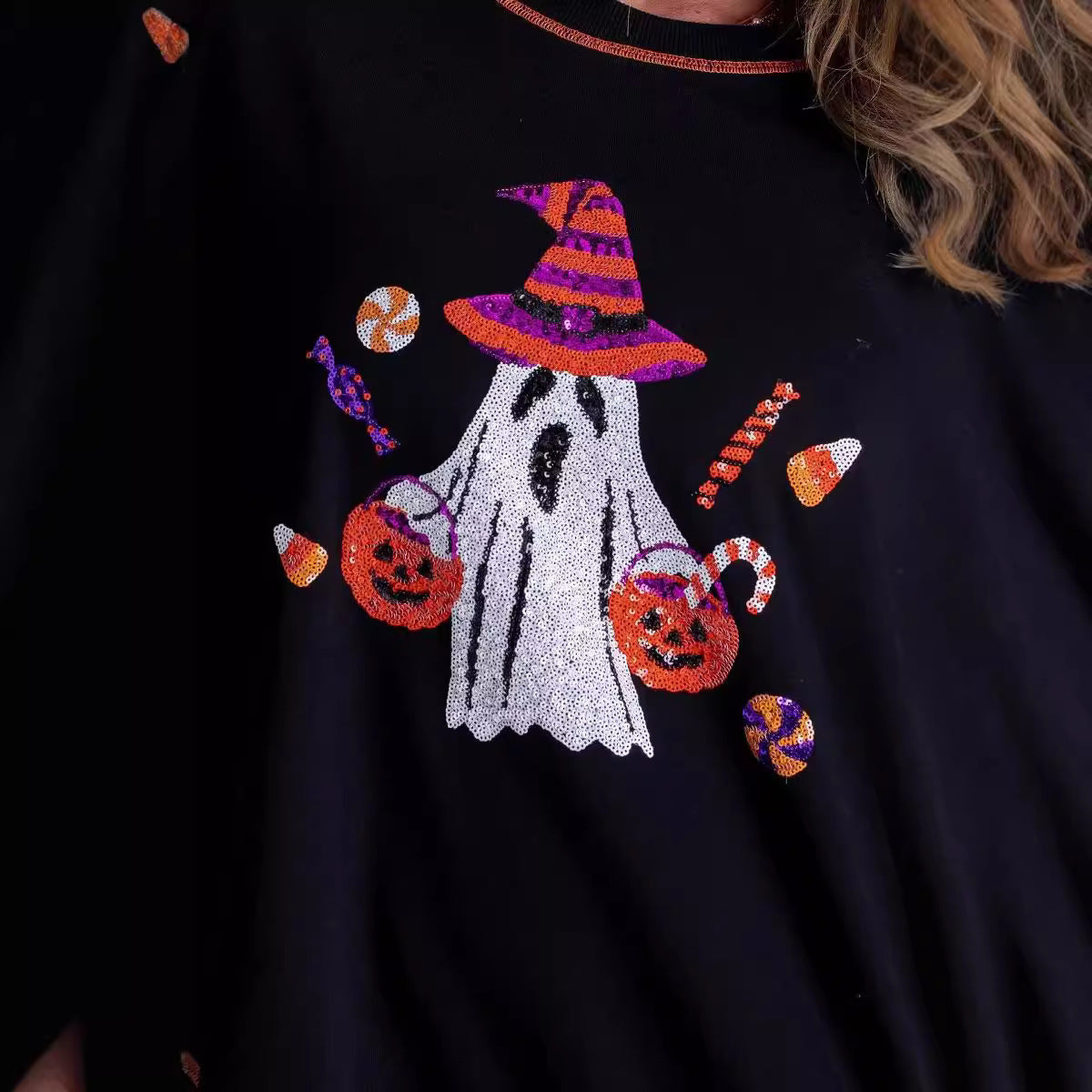 Black Halloween Sequin Ghost Long Sleeve Top