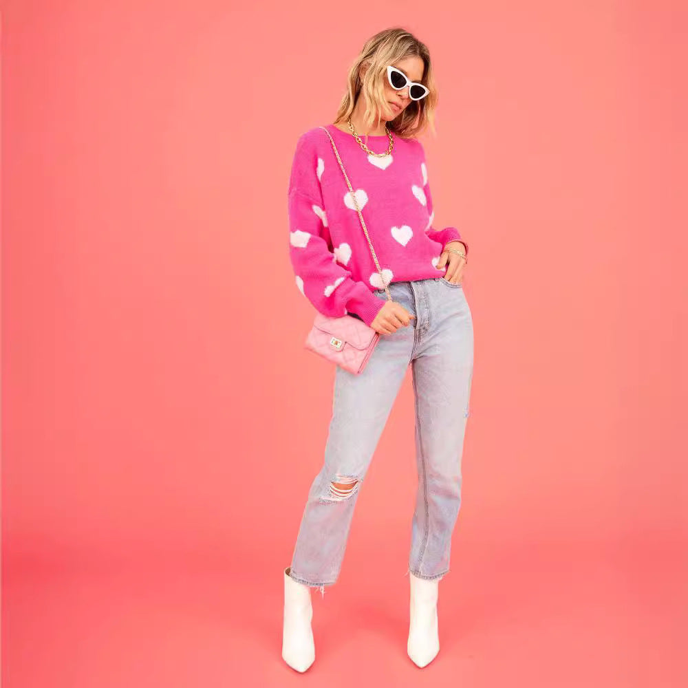 Heart Round Neck Dropped Shoulder Sweater