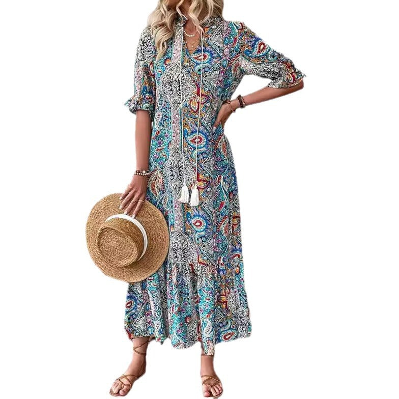 Boho Print Half Sleeves Loose Midi Dress
