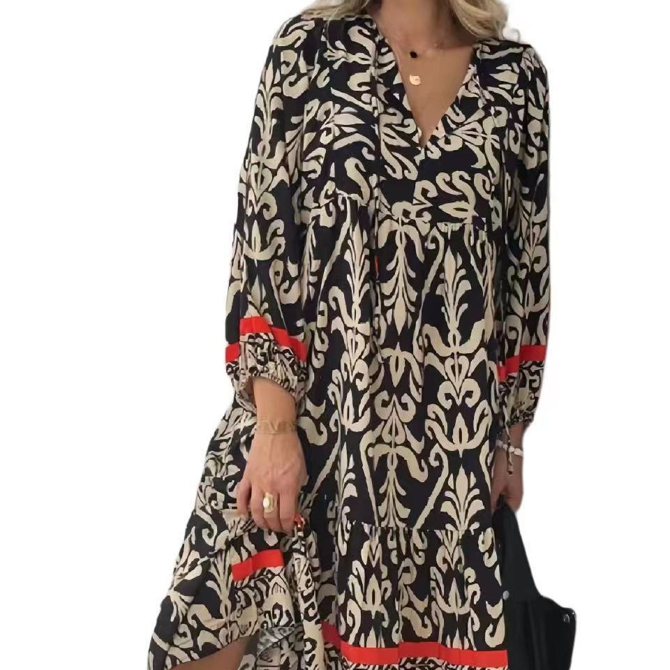 Black Loose Print Long Sleeves Maxi Dress