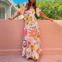 Load image into Gallery viewer, Elegant Square Neck Bubble Short Sleeve Floral Maxi Dress
