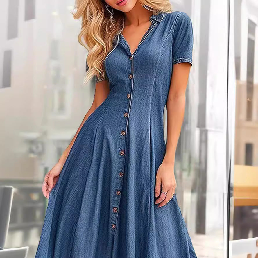 Casual Short-Sleeved Collar Buttons Down Midi Denim Dress
