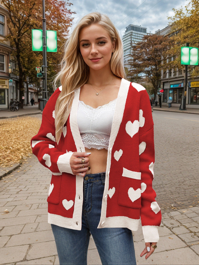 Heart Button Up Dropped Shoulder Long Sleeve Cardigan
