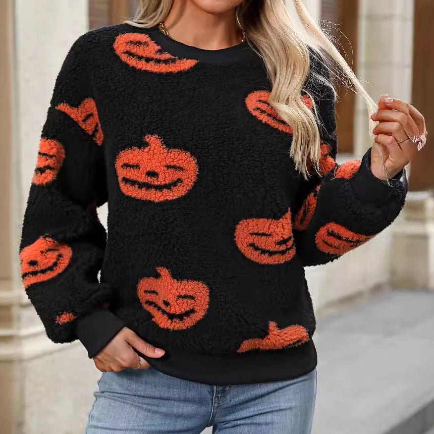 Fuzzy Pumpkin Round Neck Dropped Shoulder Top