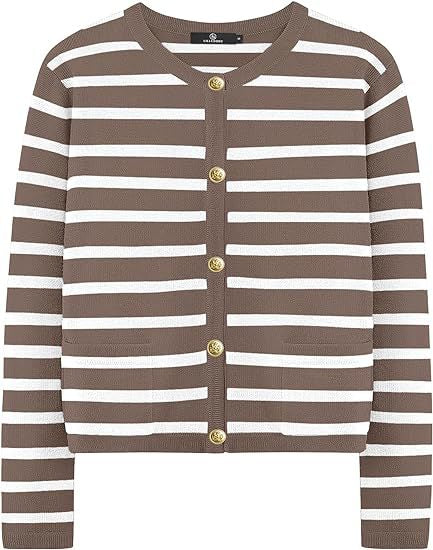 Casual Stripe Buttons Round Neck Cardigan