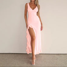 Load image into Gallery viewer, Sexy V Neck Slit Front Ruffle Sling Maxi Dress
