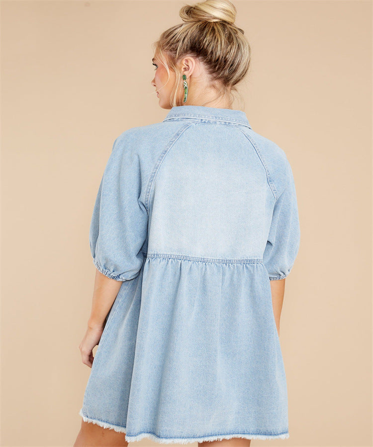 Collar Buttons Down Raw Hem Half Sleeve Mini Denim Dress