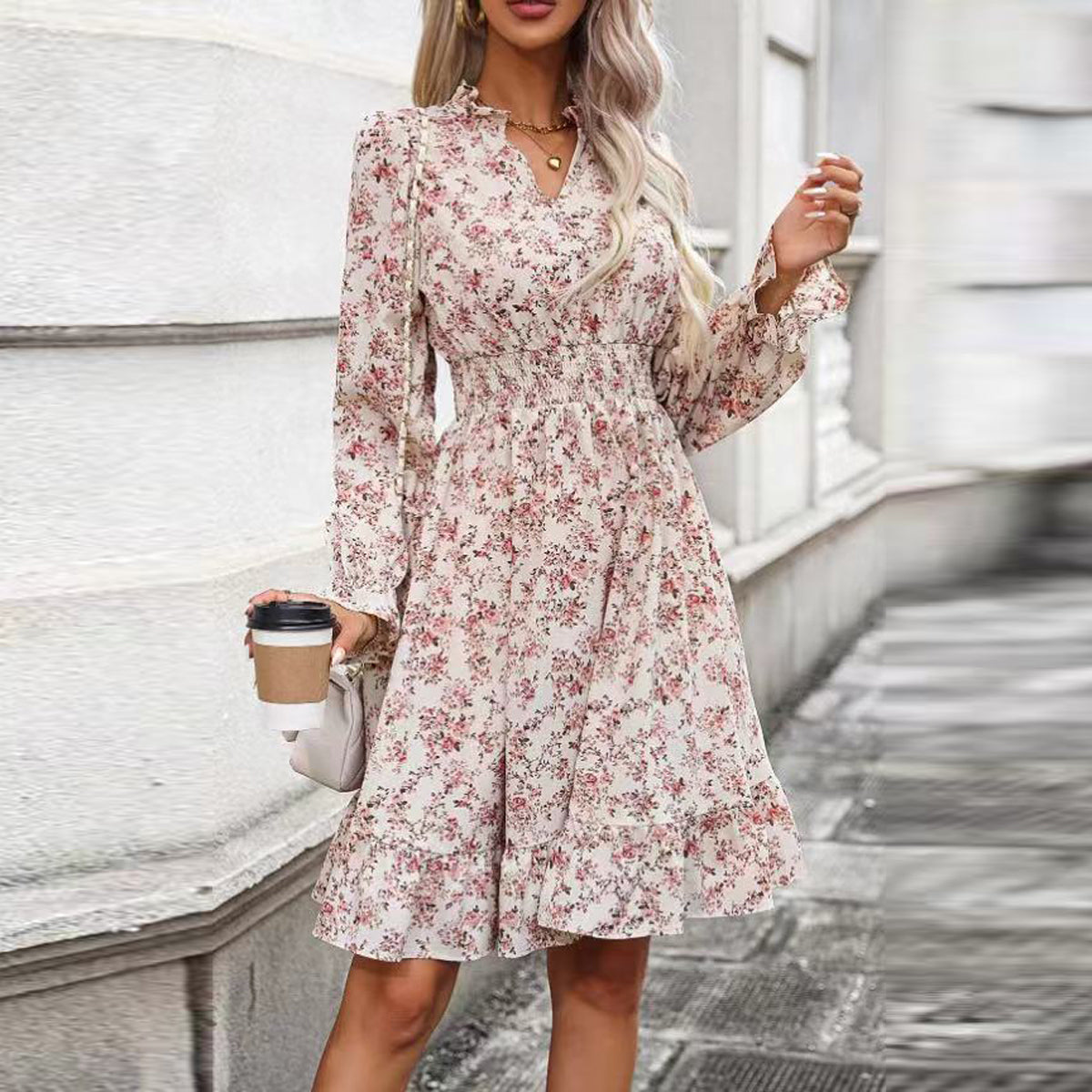 Floral Long Sleeves V-Neck Midi Dress