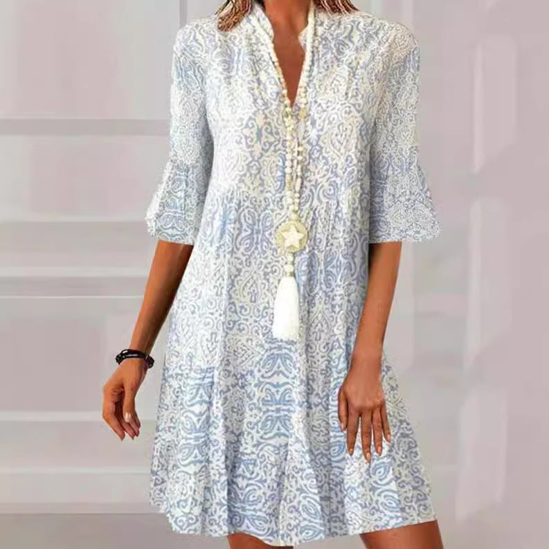 Blue Printed Buttons Front Bell Sleeve Mini Dress