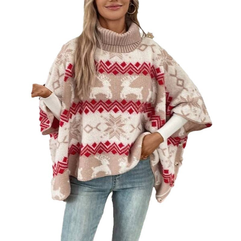 Turtleneck Christmas Elk Contrast Pattern Bat Sleeve Sweater