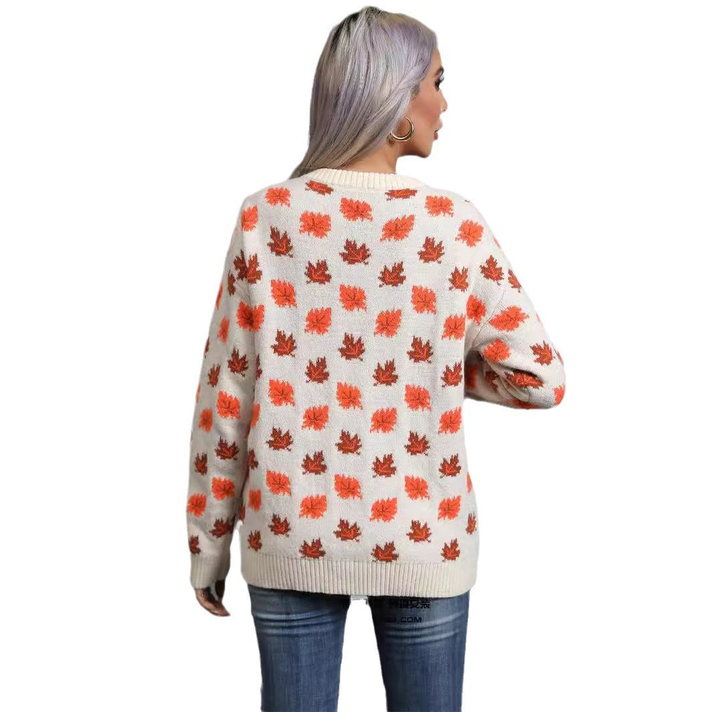 Maple Leaf Round Neck Long Sleeve Sweater