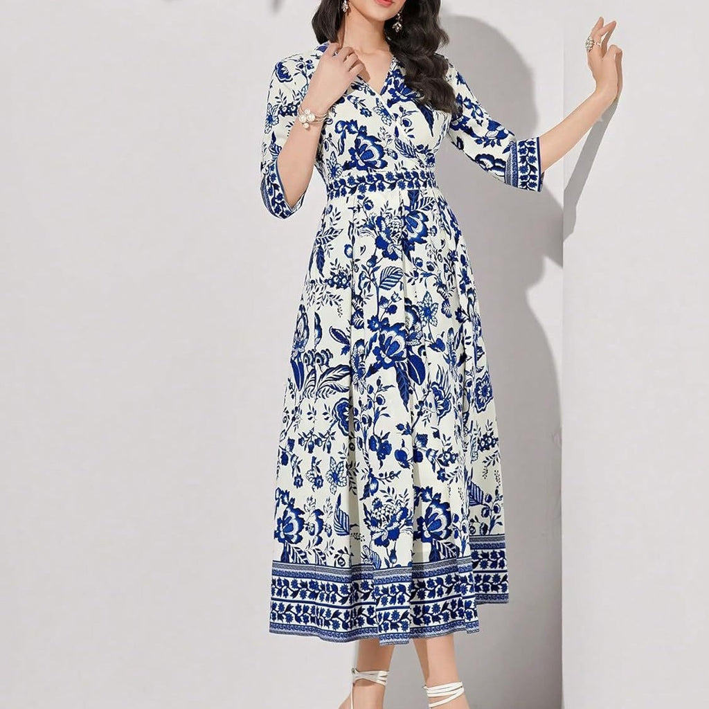 Blue V-neck Half Sleeves Floral Maxi Dress