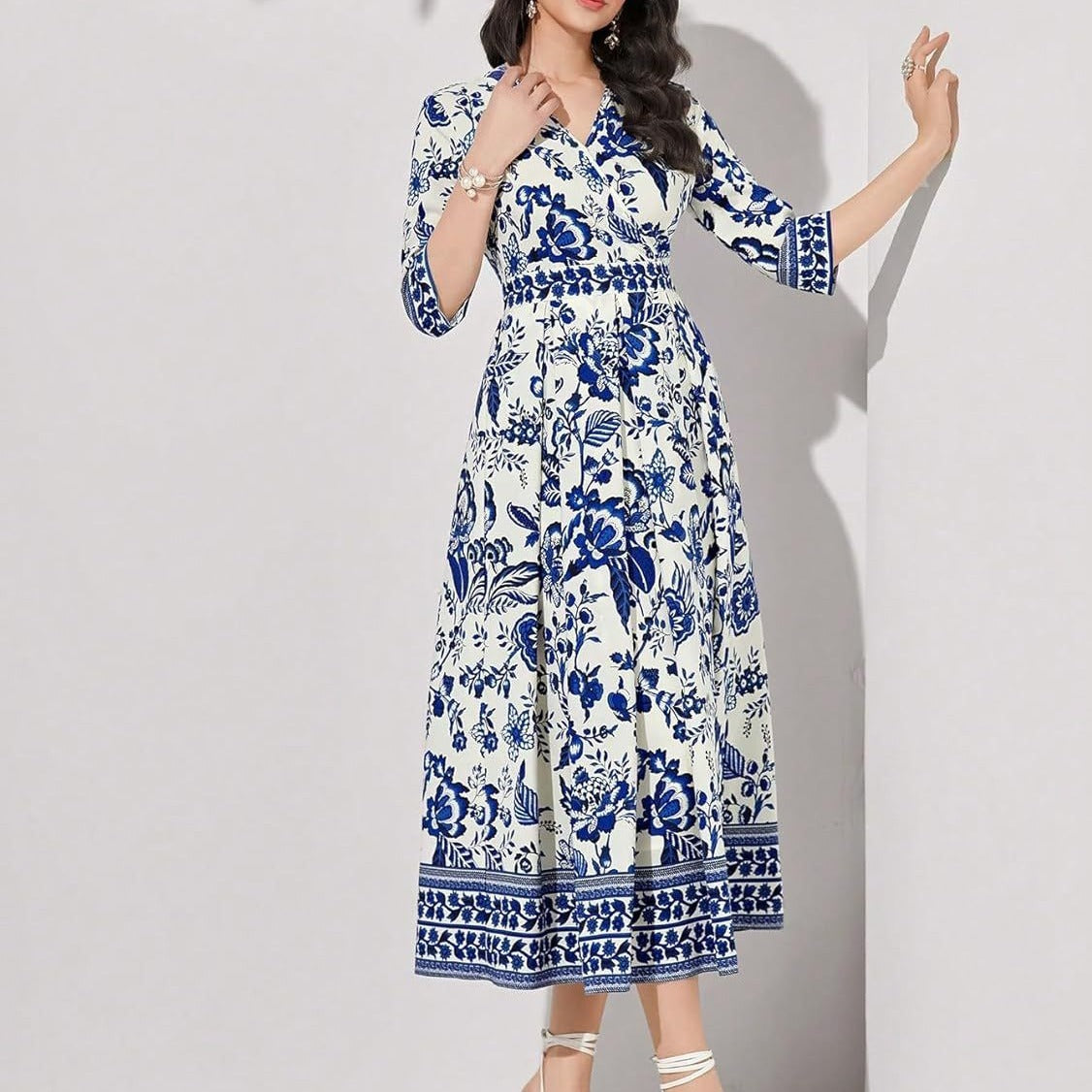Blue V-neck Half Sleeves Floral Maxi Dress