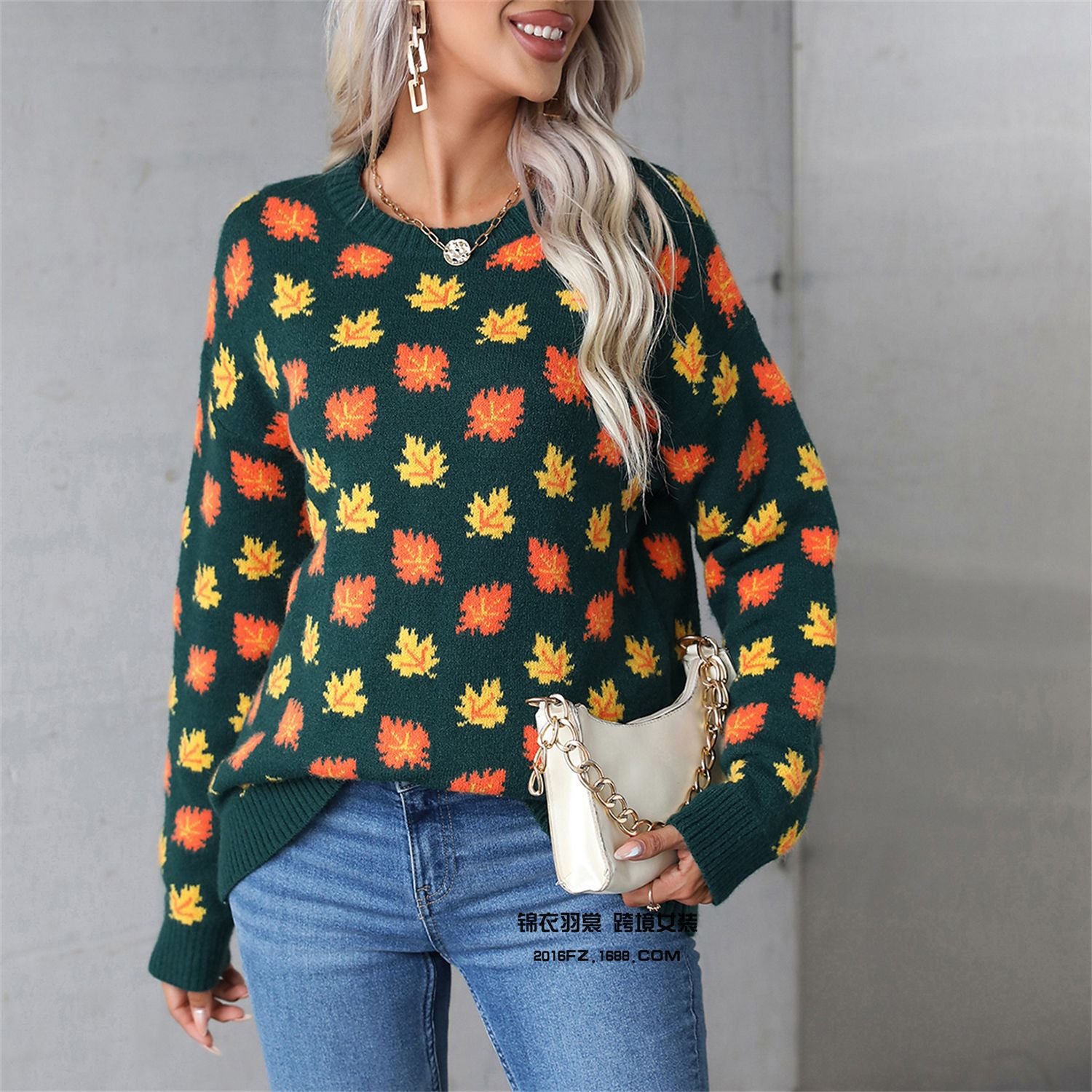 Maple Leaf Round Neck Long Sleeve Sweater