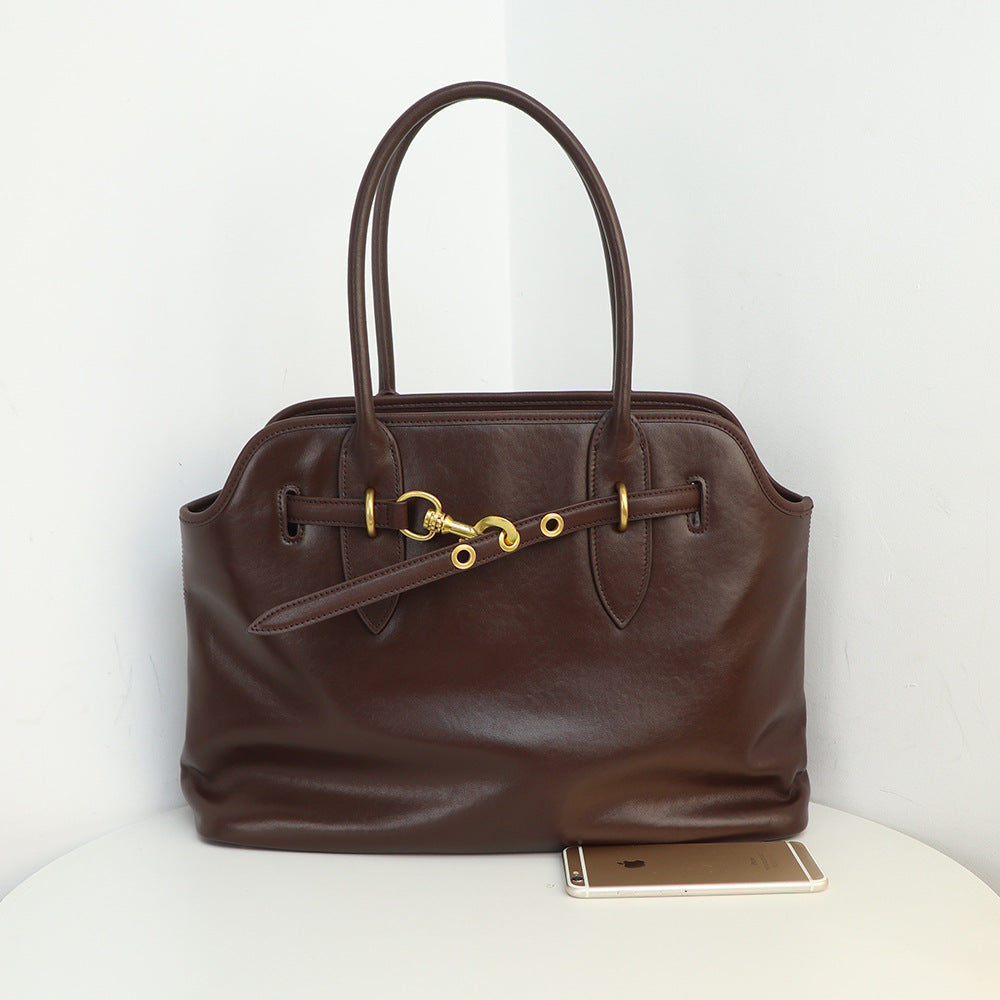 Top Grain Large Leather Tote Bag With Drawstring Buckle