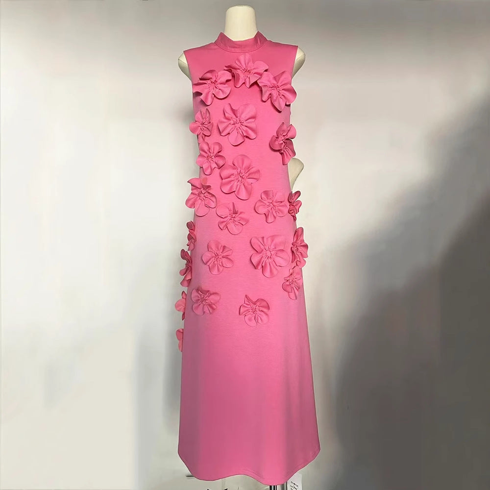 Elegant Sleeveless Mock Neck 3D Floral Maxi Dress