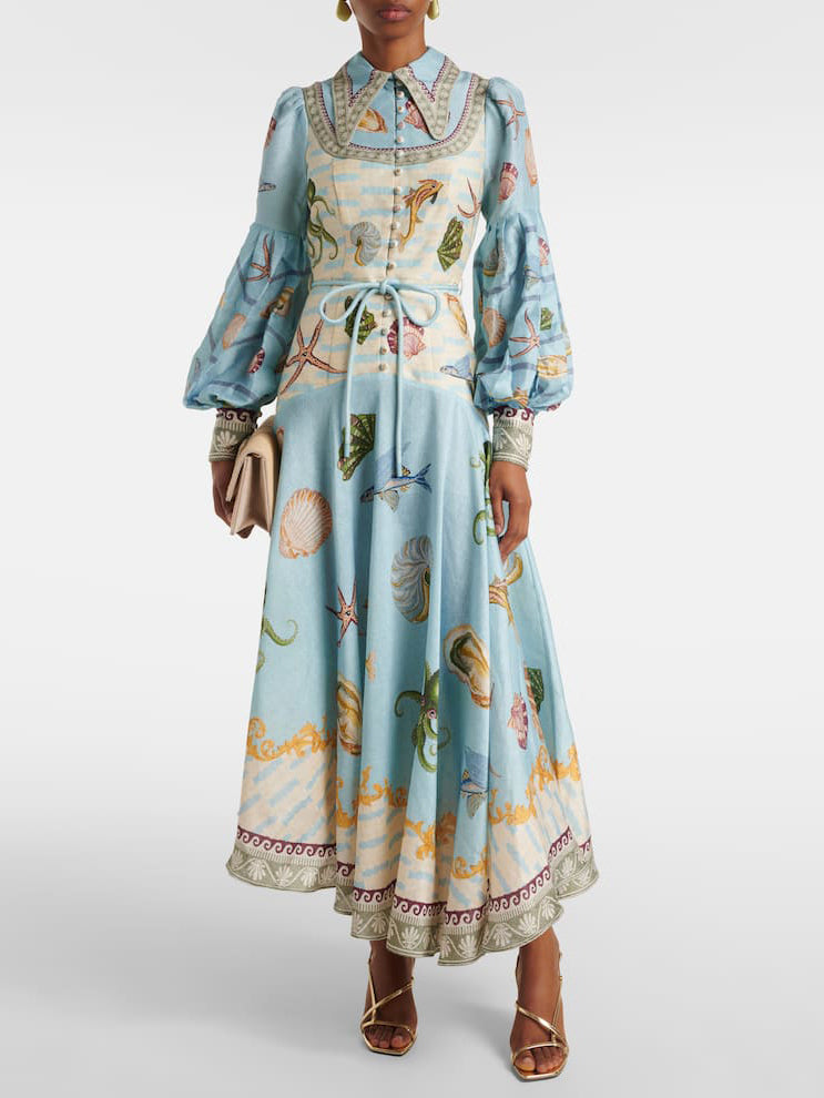 Blue Balloon Long Sleeves Deep Sea Printed Maxi Dress