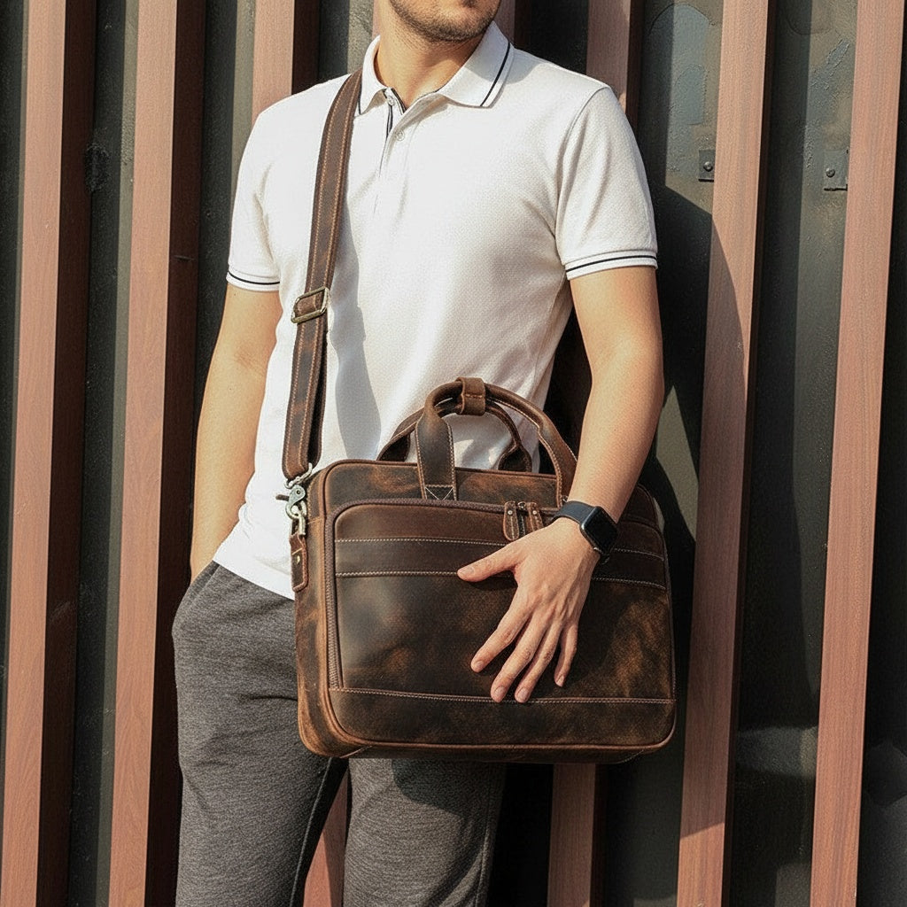 Full Grain Leather Briefcase Mens Handmade Laptop Bag