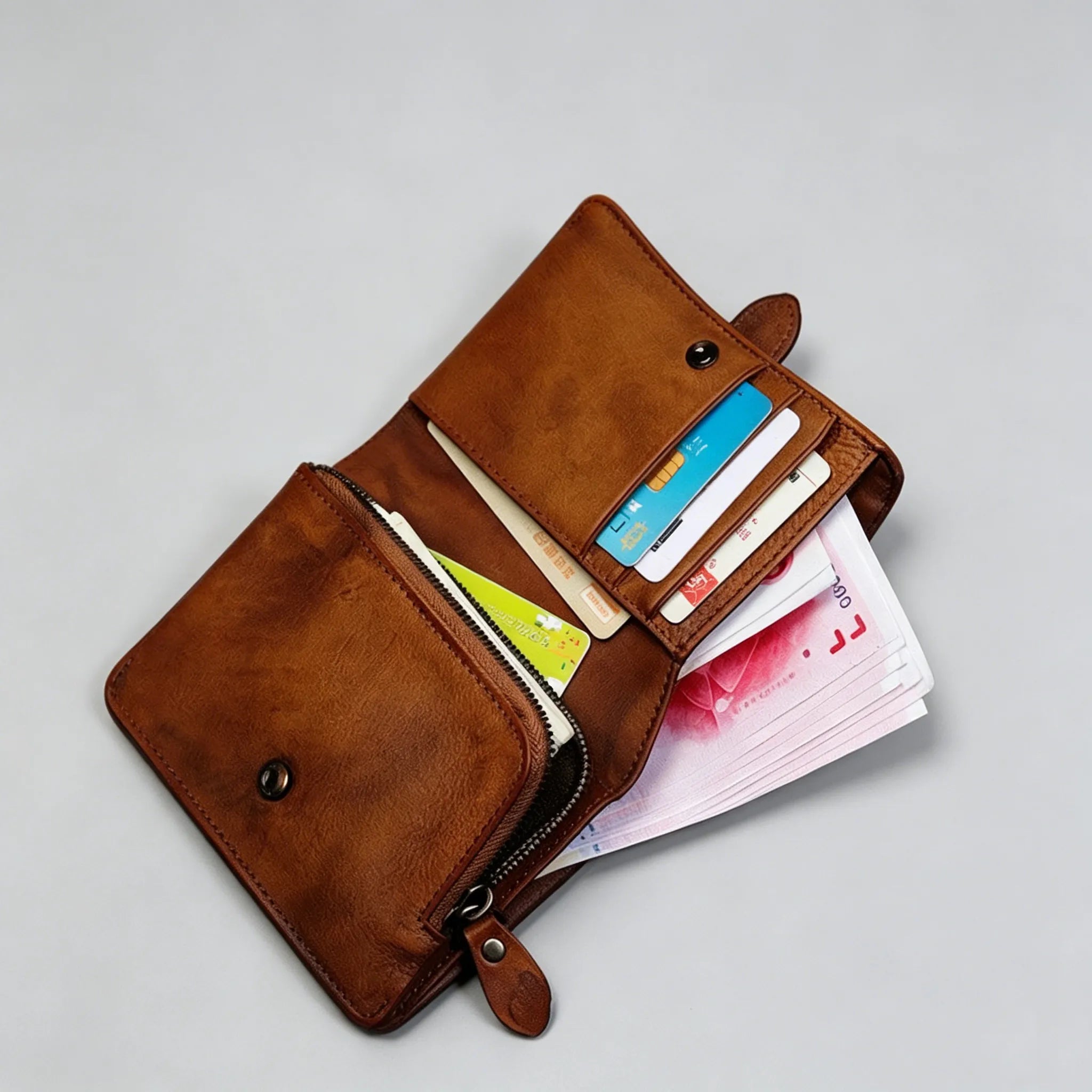Brown leather wallet with cards and money on a light gray background