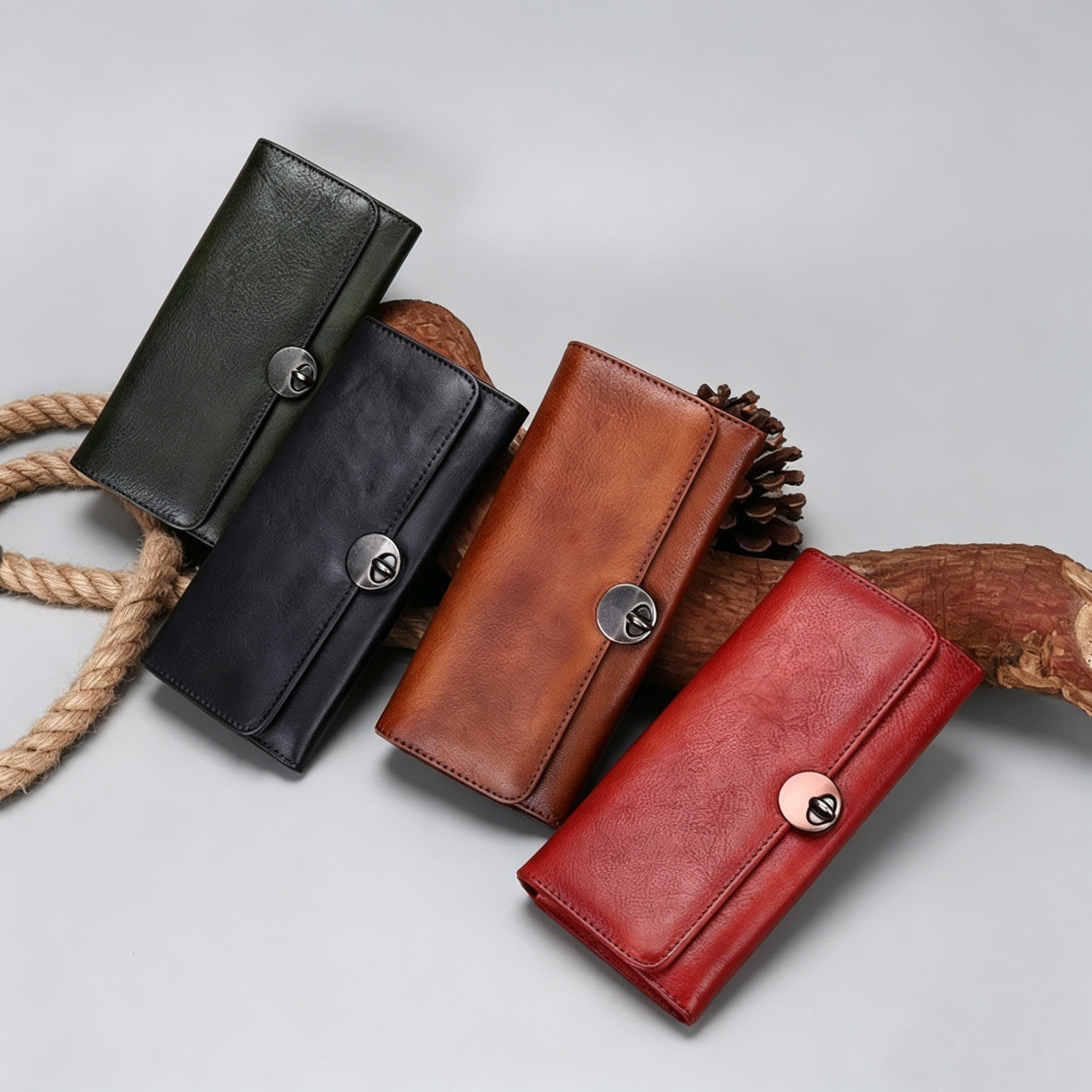Four leather wallets in black, brown, and red on a gray background