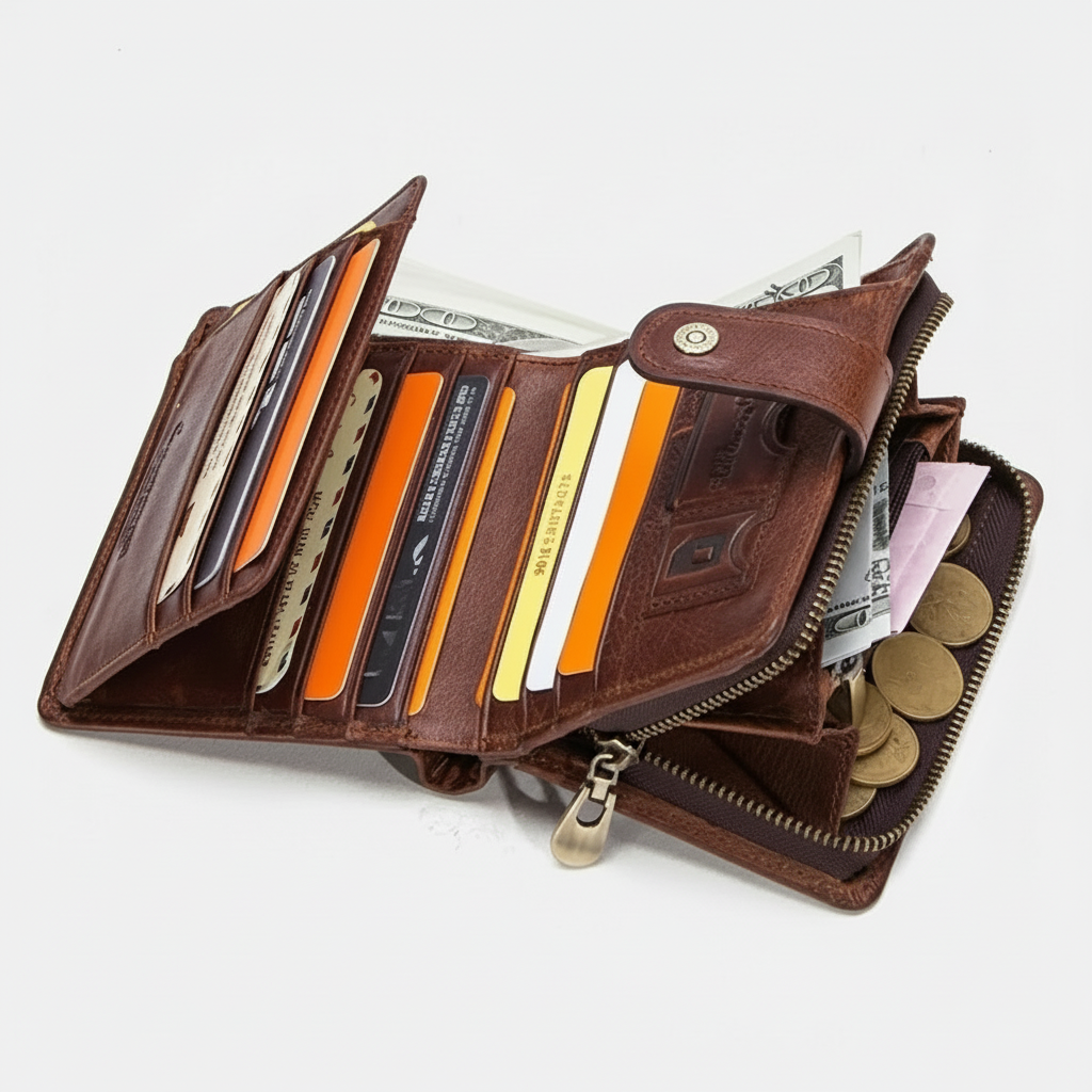 Brown leather wallet with various cards and money on a white background