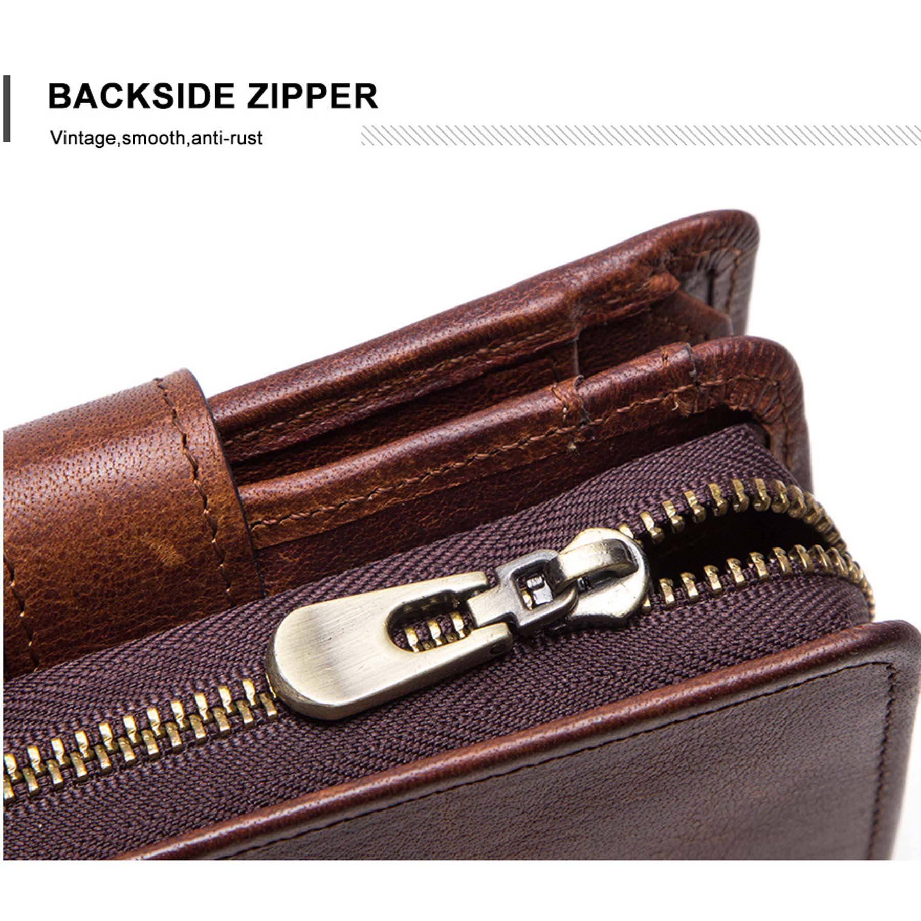 Close-up of a brown leather wallet with a zipper on a white background