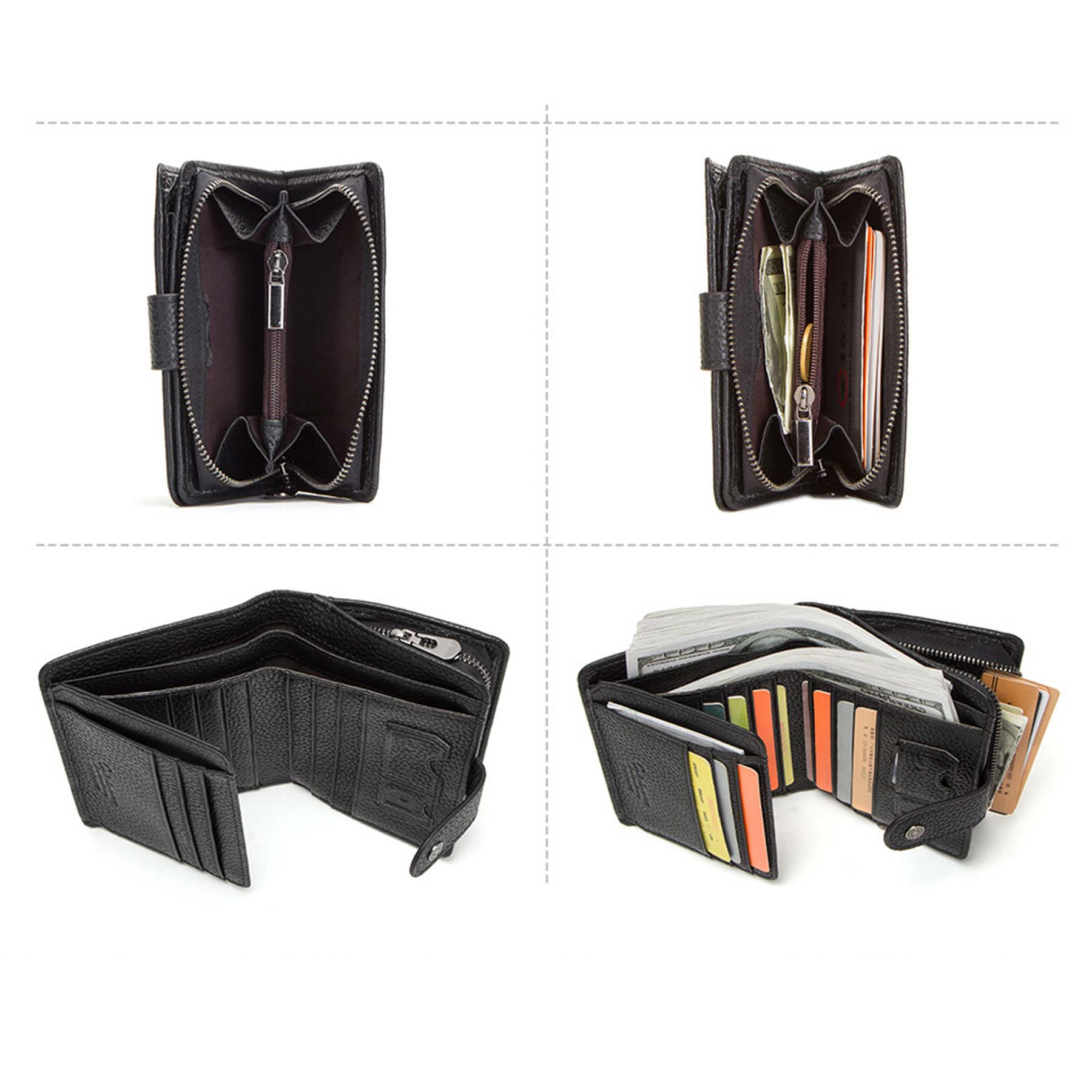 Black wallet with multiple compartments and zippers on a white background