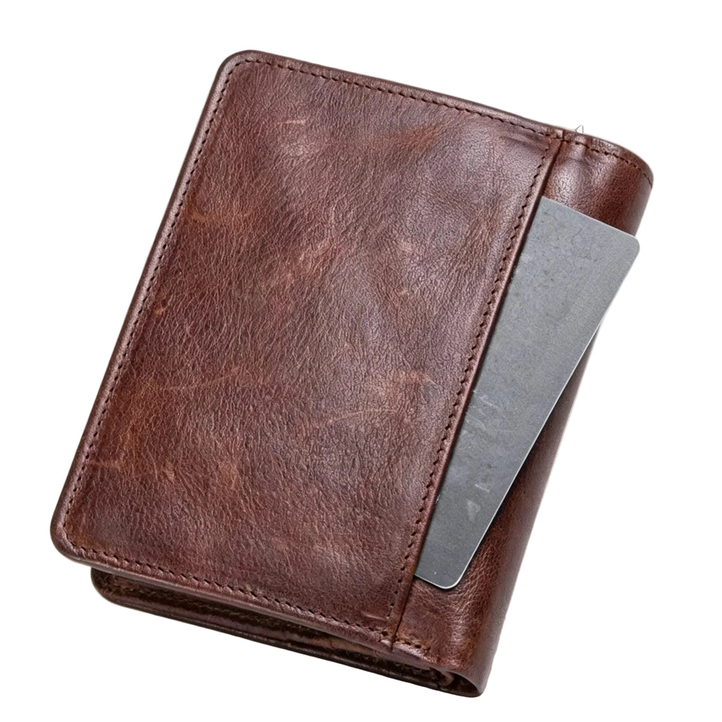 Brown leather wallet with a card holder on a light gray background