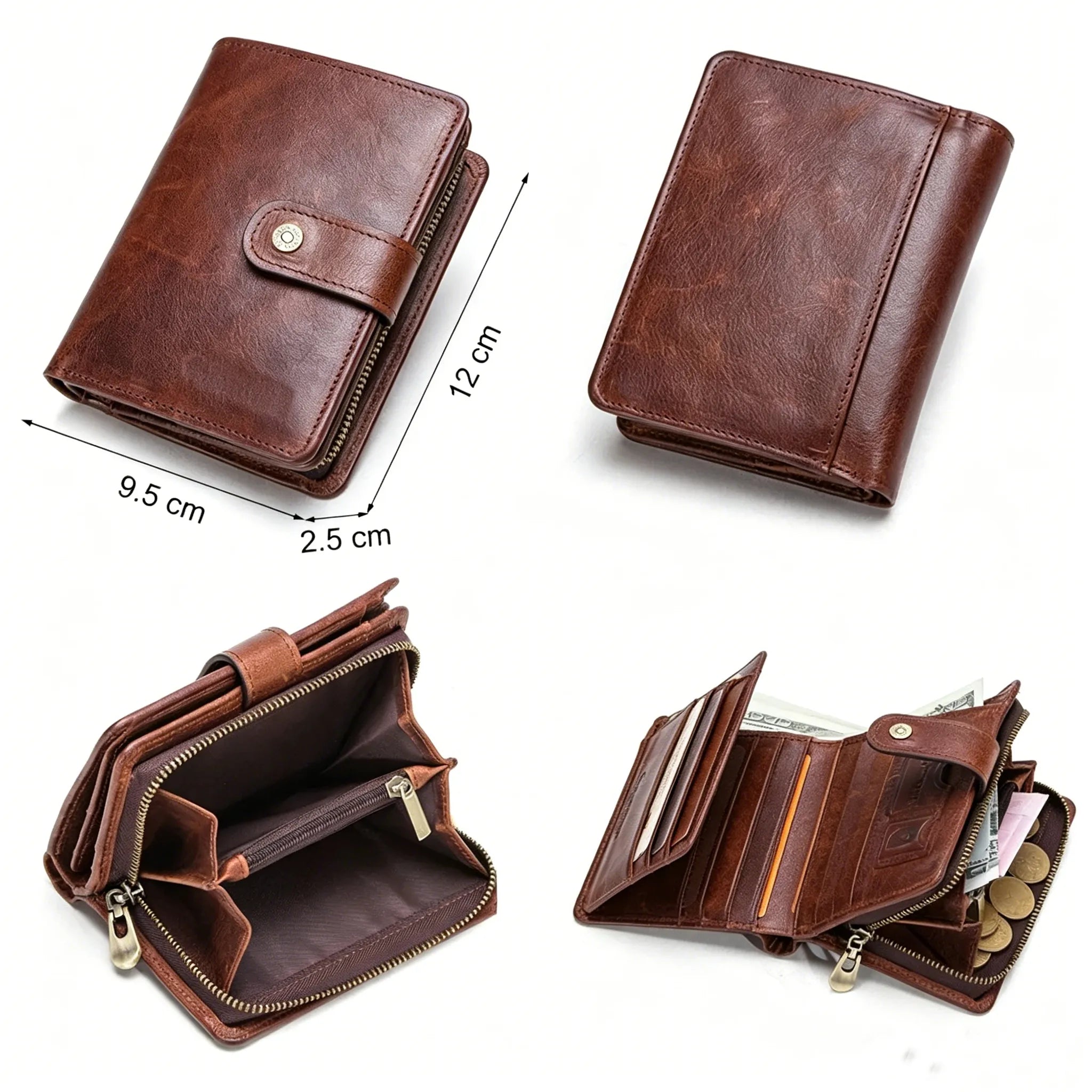 Brown leather wallet with open view, measurements, and close-up details on a white background