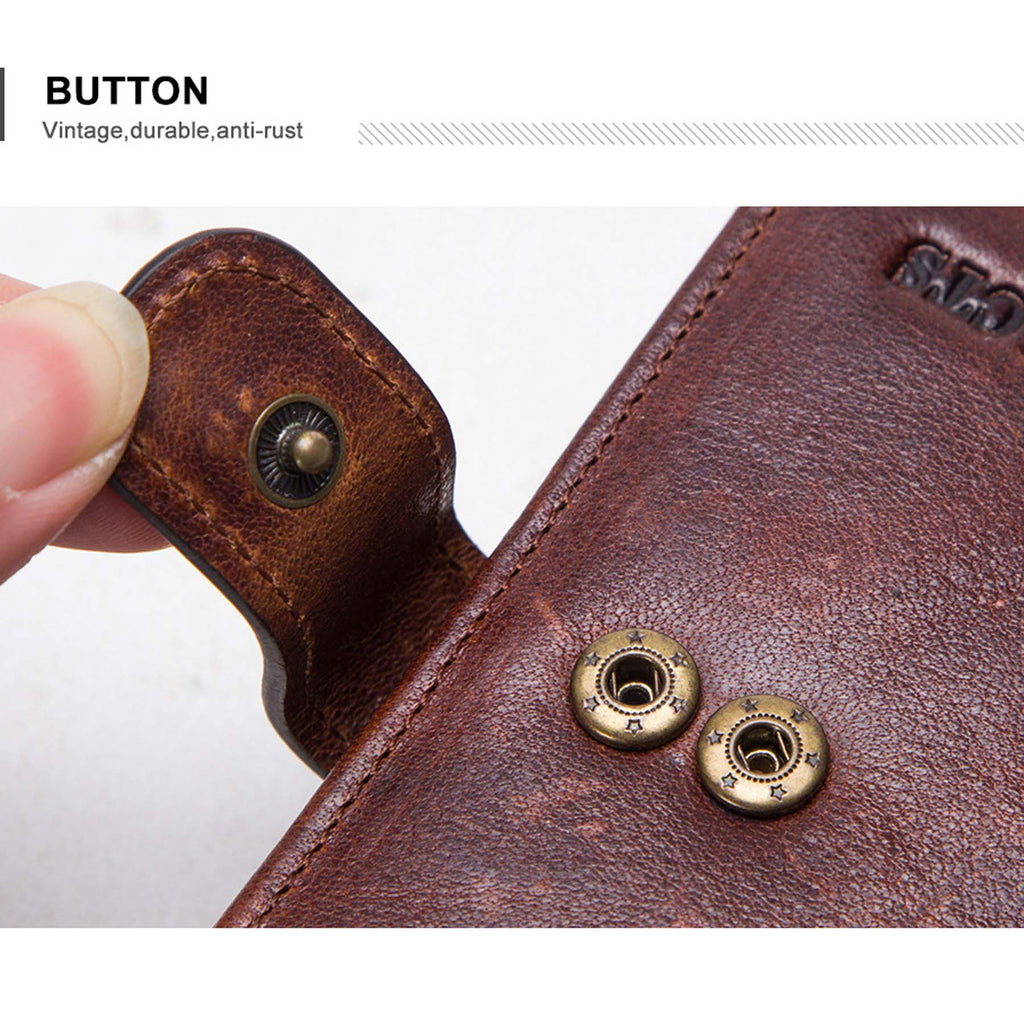 Close-up of a brown leather product with brass buttons on a white background