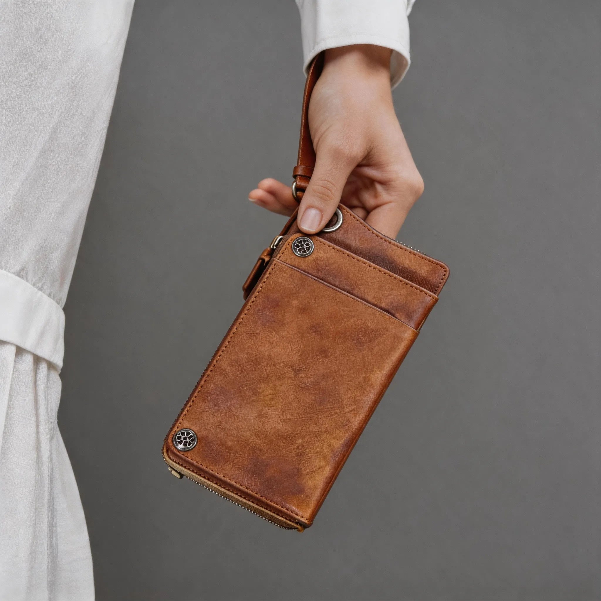 Personalized Hand-Distressed Brown Zip-Around Trifold Long Wallet