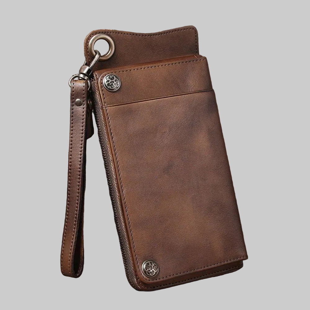 Personalized Hand-Distressed Brown Zip-Around Trifold Long Wallet