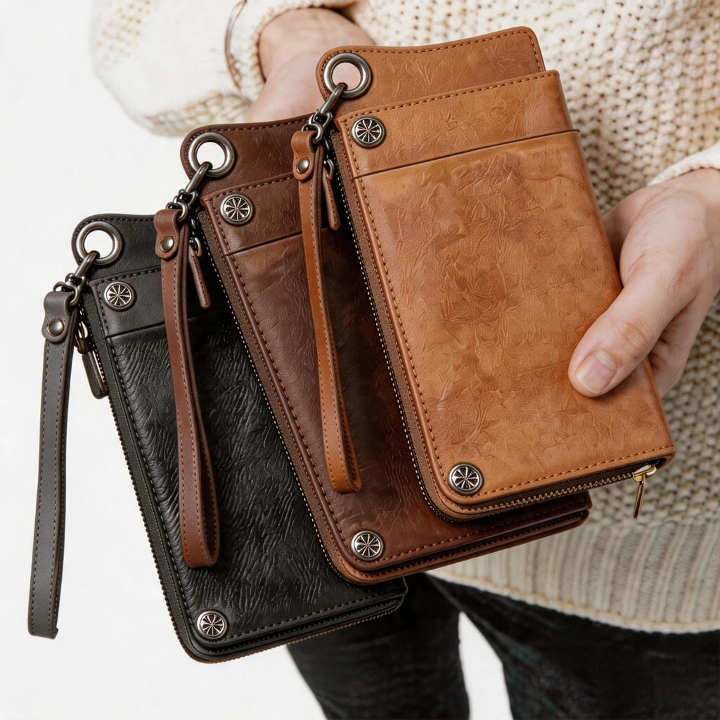 Personalized Hand-Distressed Brown Zip-Around Trifold Long Wallet