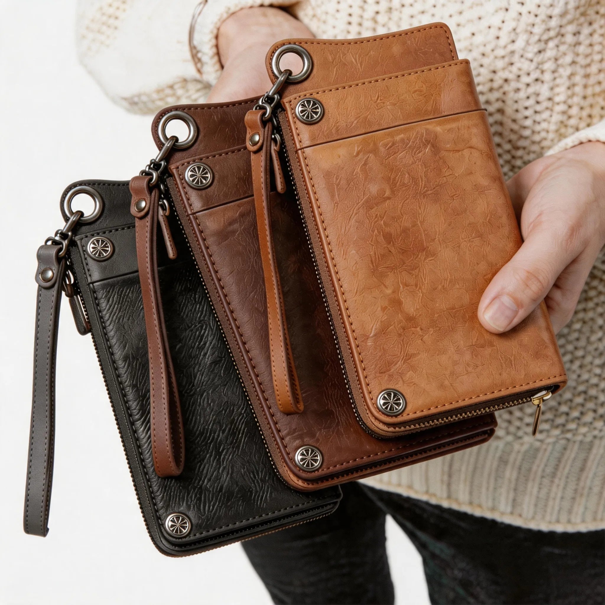 Personalized Hand-Distressed Brown Zip-Around Trifold Long Wallet
