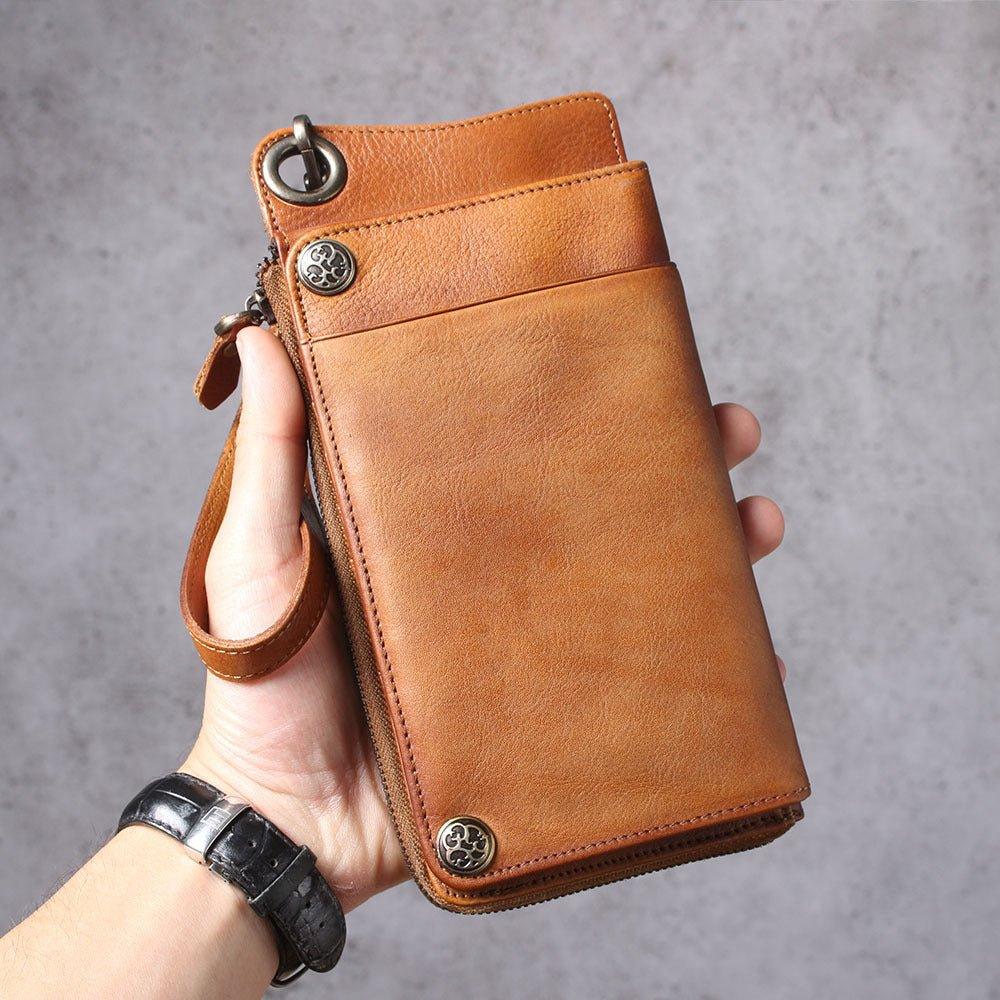 Personalized Hand-Distressed Brown Zip-Around Trifold Long Wallet