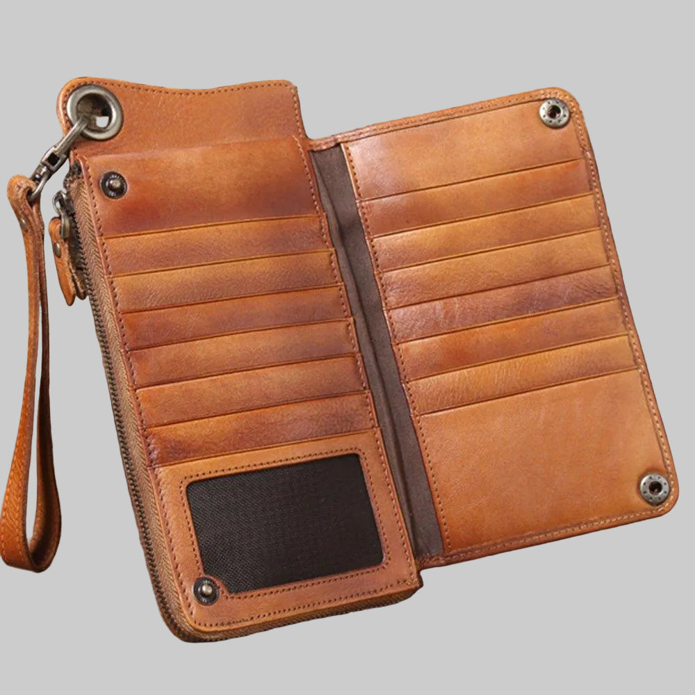Personalized Hand-Distressed Brown Zip-Around Trifold Long Wallet