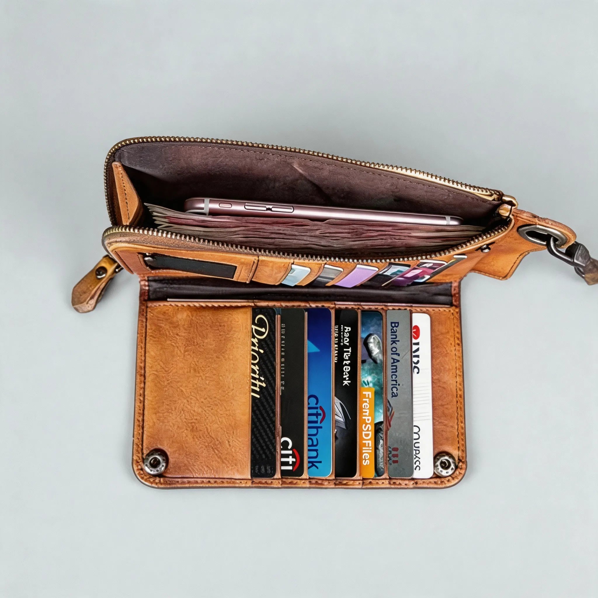 Personalized Hand-Distressed Brown Zip-Around Trifold Long Wallet