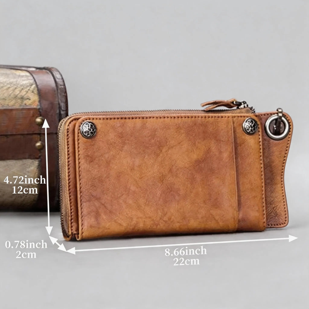 Personalized Hand-Distressed Brown Zip-Around Trifold Long Wallet