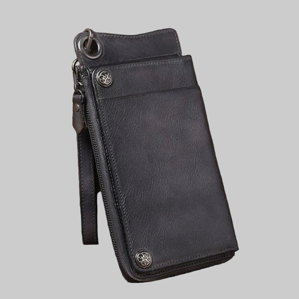 Personalized Hand-Distressed Brown Zip-Around Trifold Long Wallet