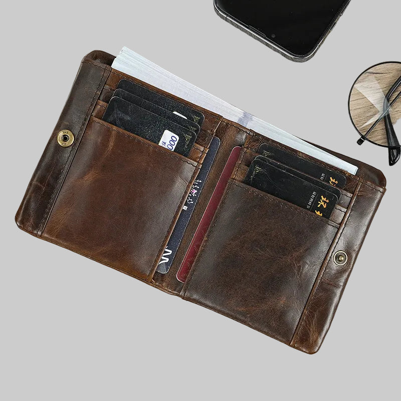 Brown leather wallet with card slots on a light gray background