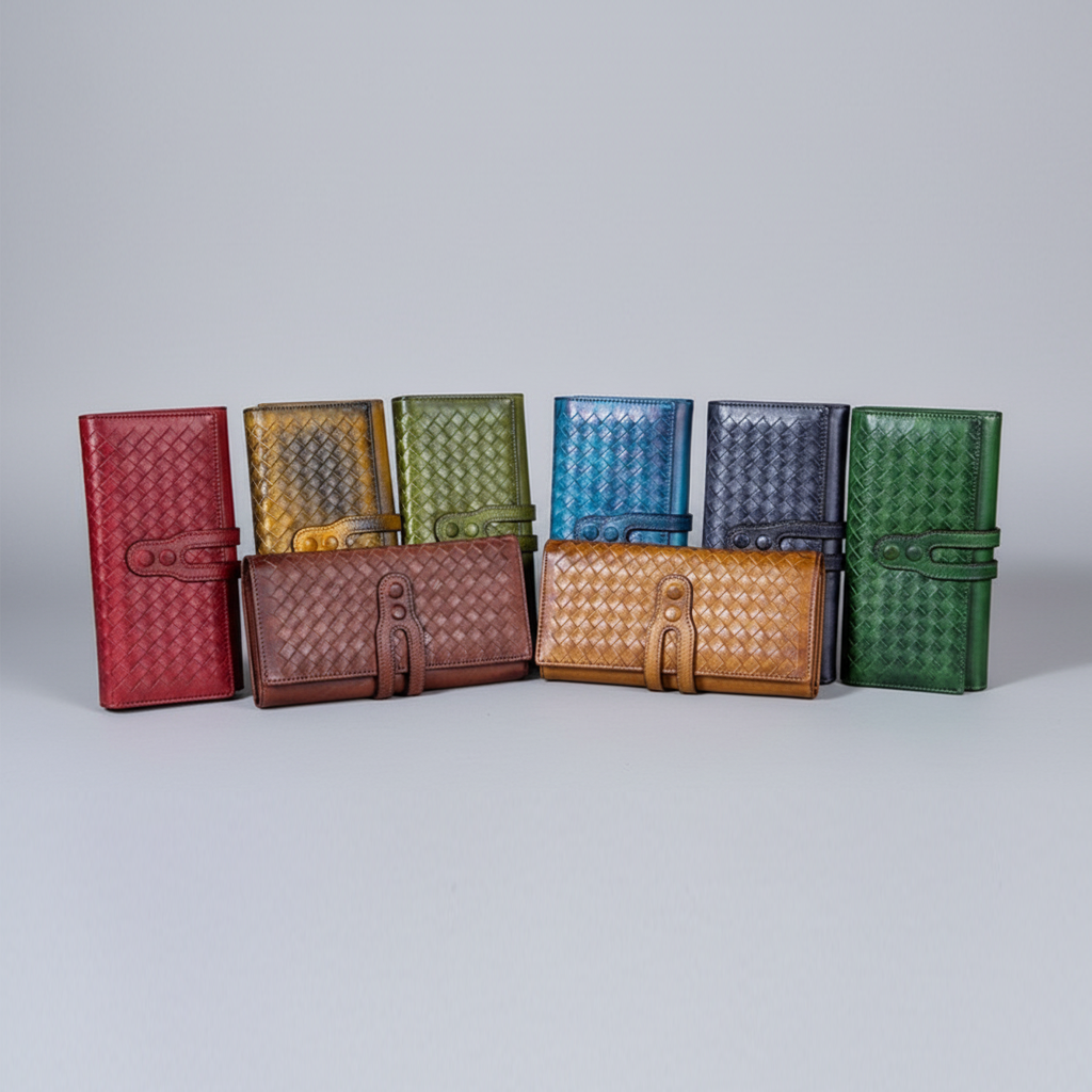 Set of eight woven leather wallets in various colors on a gray background