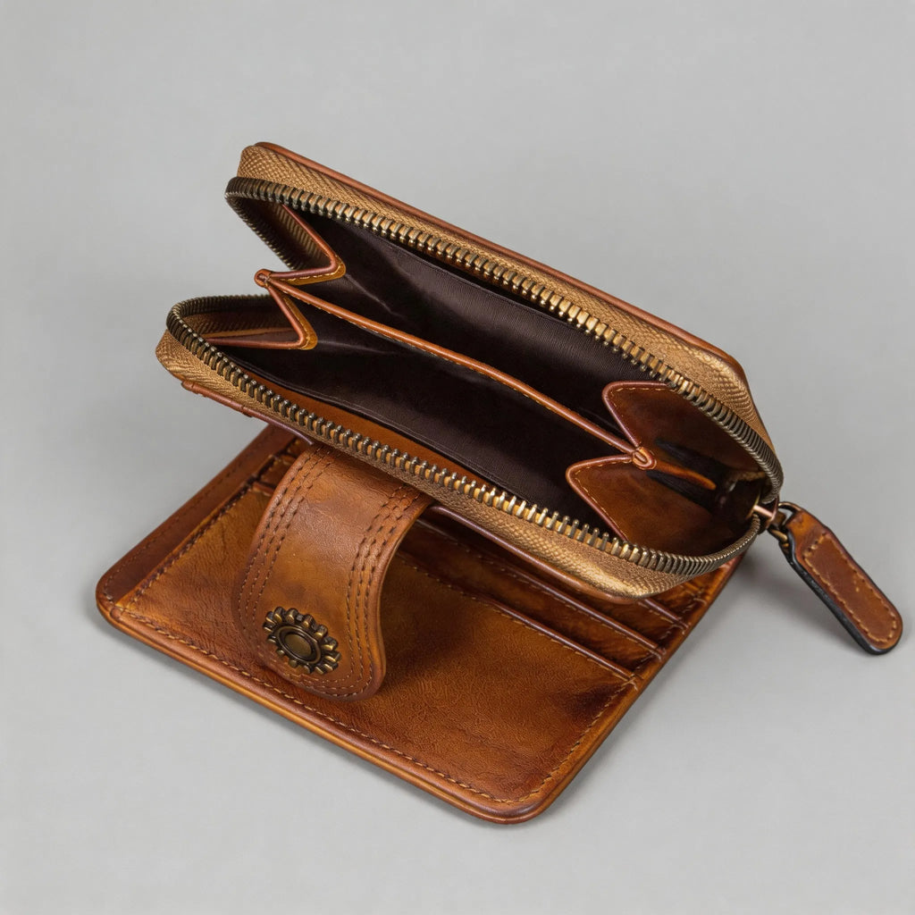 Brown leather wallet with zipper on a gray background