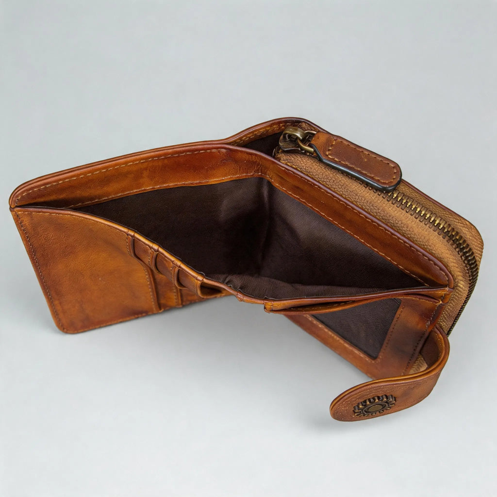 Brown leather wallet on a light gray background