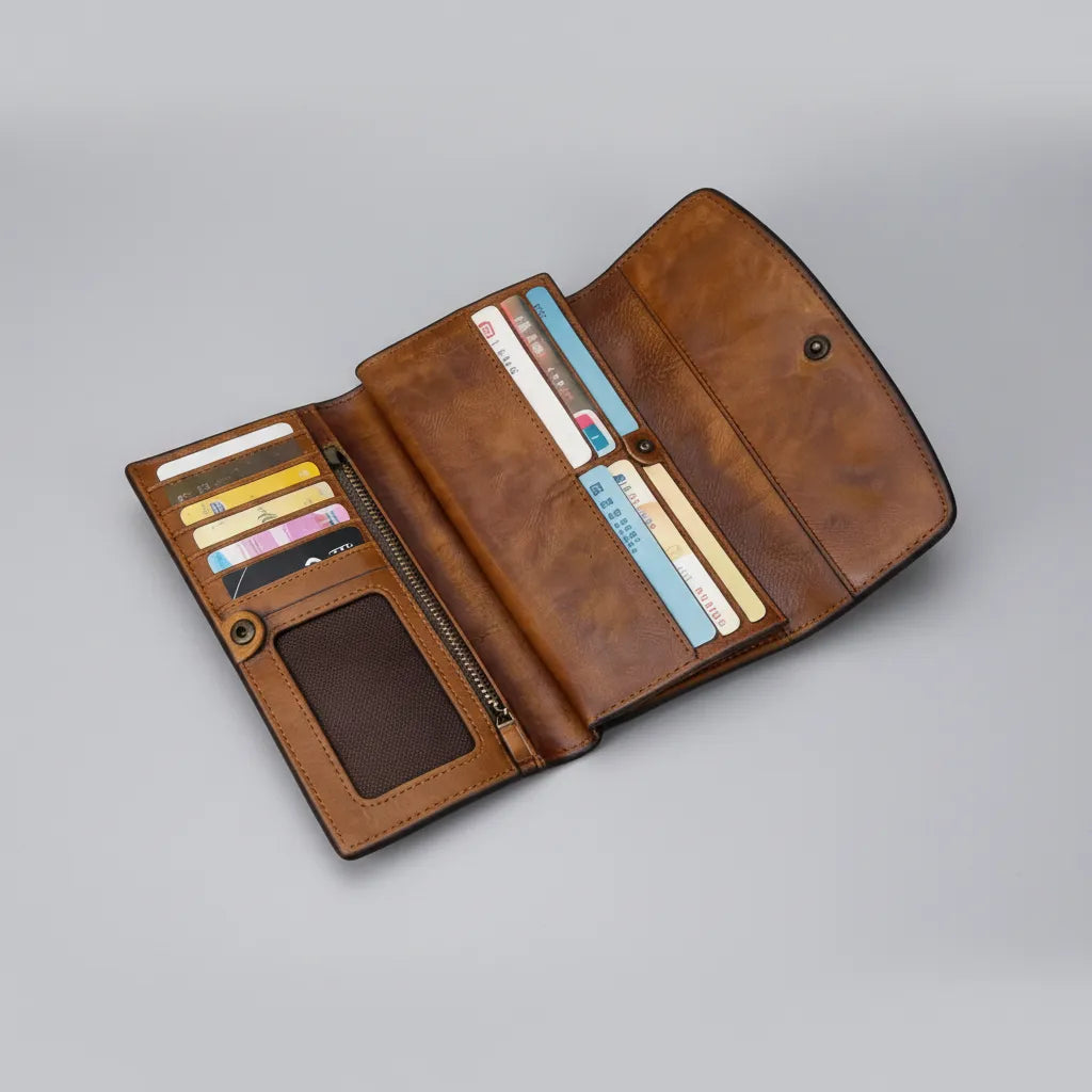 Brown leather wallet with card slots on a wooden surface