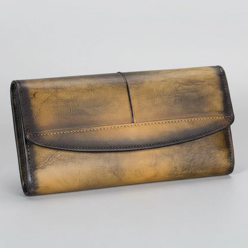 Brown leather wallet on a light gray background