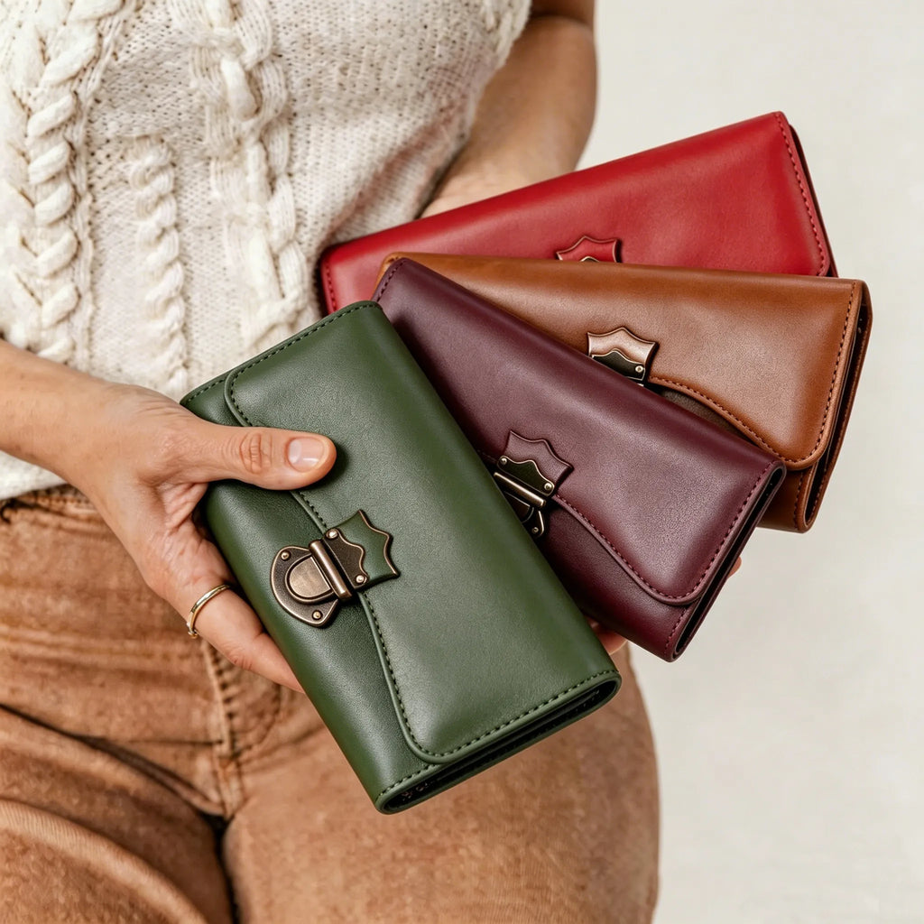 Three leather wallets in green, red, and brown held by a person wearing a beige sweater and brown pants.