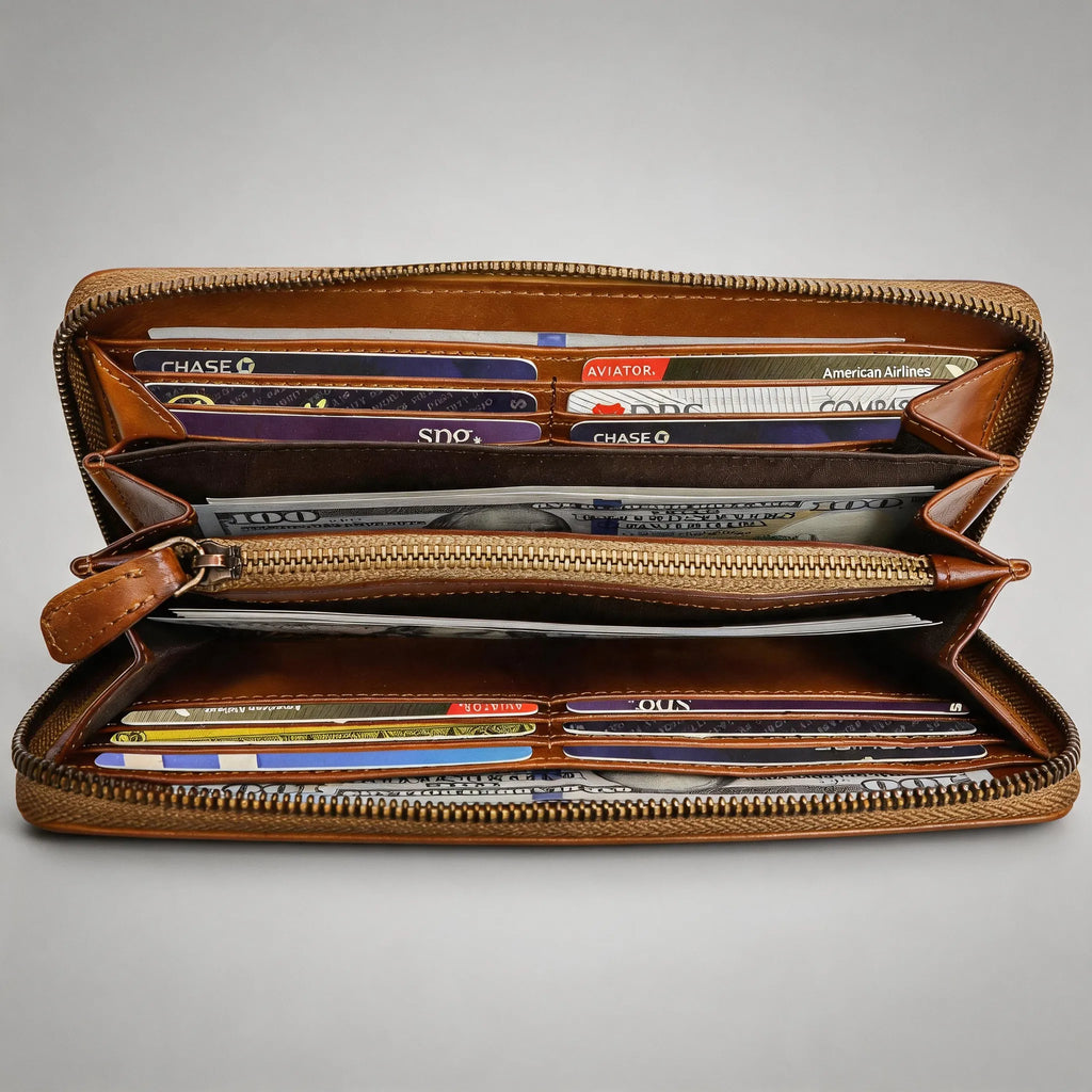 Brown wallet with multiple cards inside on a gray background