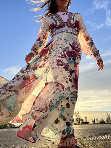 Elegant Chiffon Mesh Long Sleeve Floral Maxi Dress